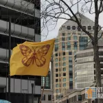 East Bay protest butterfly migrant flag