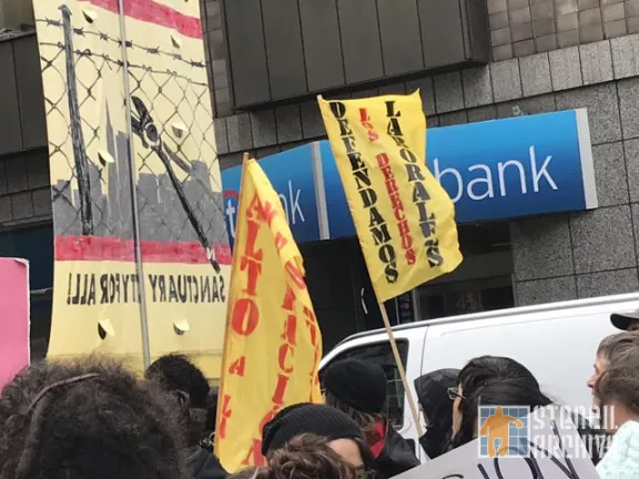 SF Protest J20 flags Defend Labor Rights